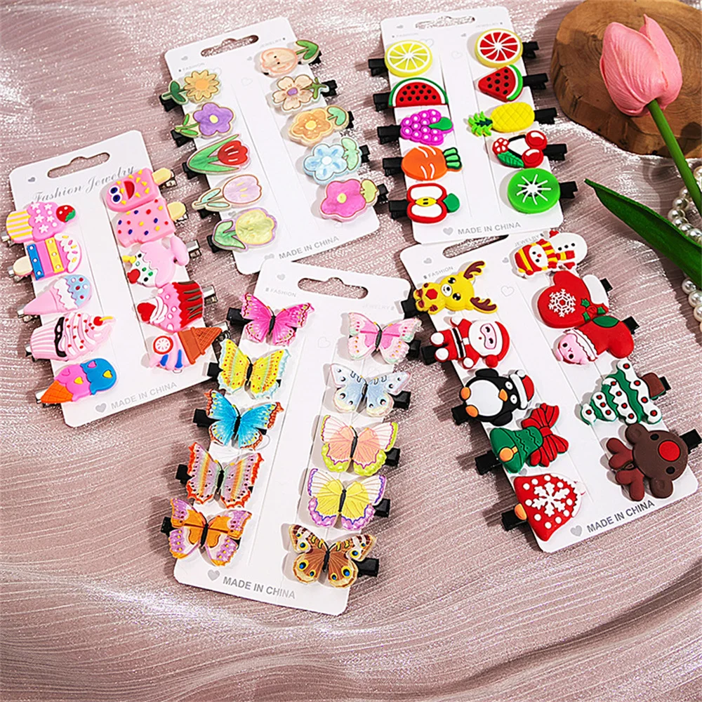 10pcs Santa Claus Elk Christmas Gift Hairclip Ice Cream Fruit Butterfly Flower Hairpin Women Girls Makeup Wash Face Bangs Clip