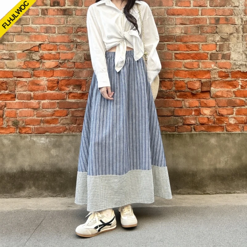 Cotton Ruffles Patchwork Retro Vintage Skirts Long Women's Preppy Vintage Striped Skirt with Lace High Waist A-line Midi Skirt