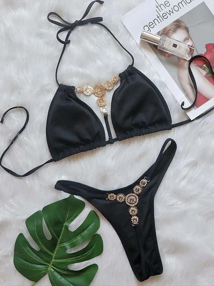 

Extreme Mini Micro String Diamond Bikini Women Swimsuit Female Triangle Swimwear Two Pieces Bikini Set Halter Bathing Suit Swim