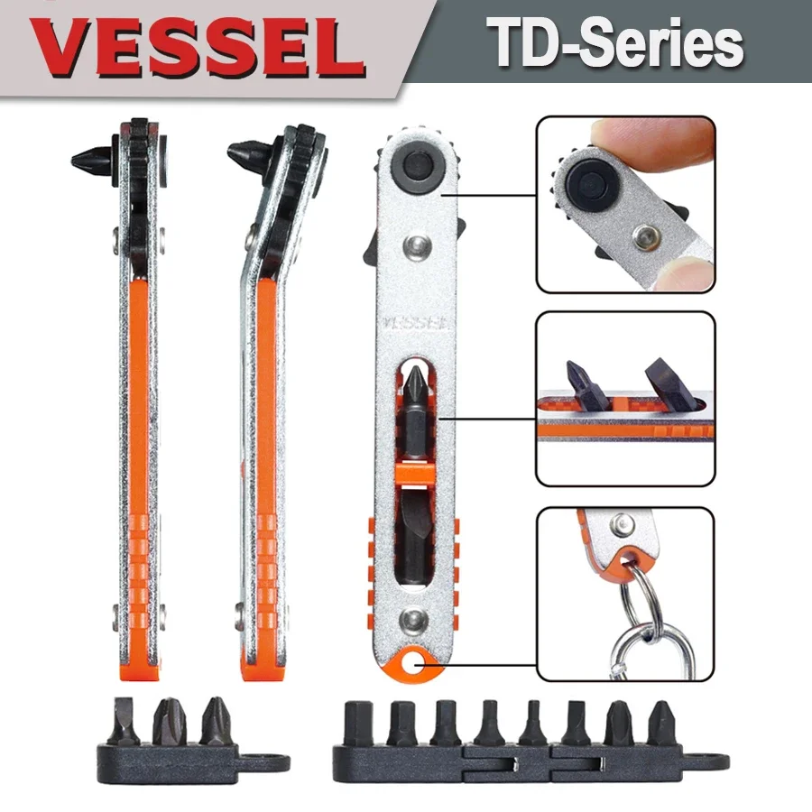 VESSEL Mini Screwdrivers Set with Multifunction Magnetic Bits Flat-shaped Ratchet Screwdriver No.TD-74/TD-75/TD-76/TD-77/TD-78