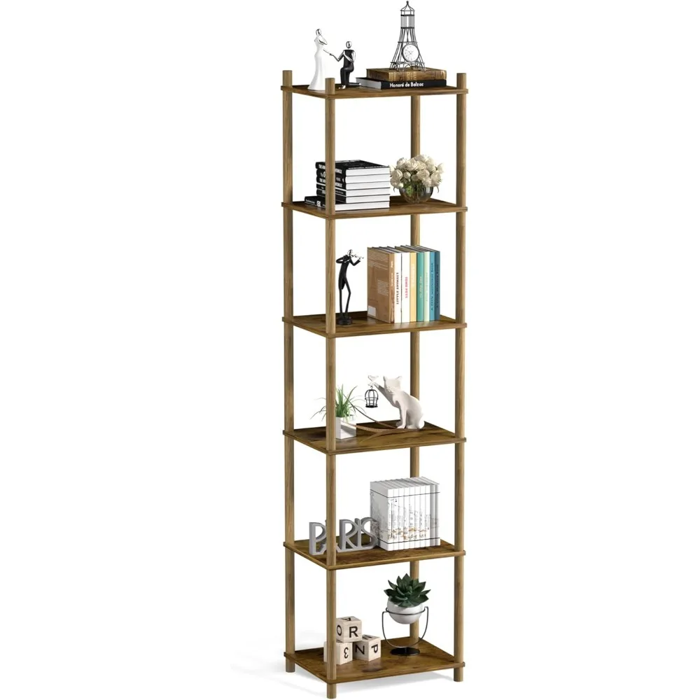 

Brown Book Shelf Easy Assembly 6 Tier Bookshelf Open Display Organizer for Books Free Standing Corner Book Storage Shelves