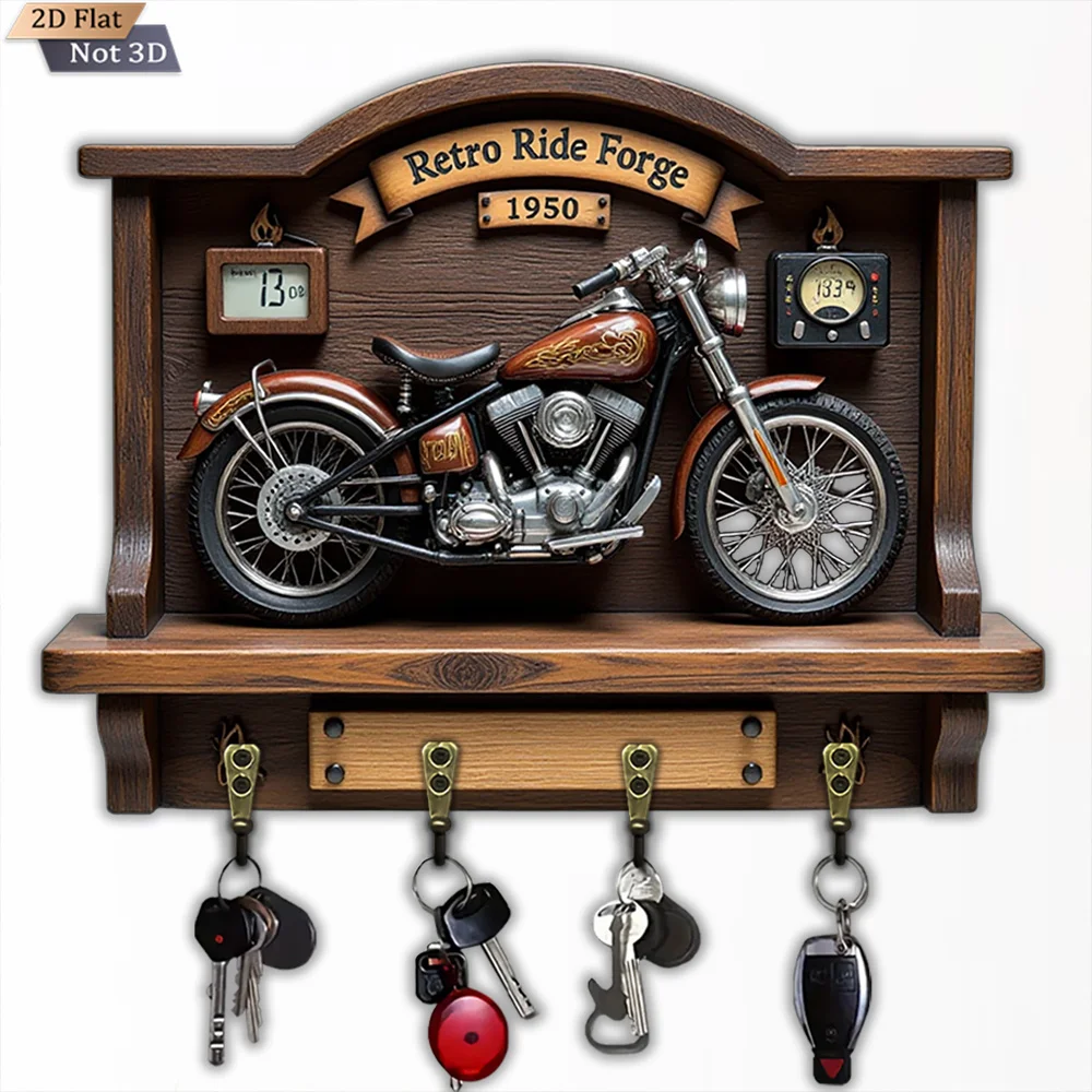 2D Flat, 1pc, 1950 Vintage Motorcycle Key Hook, Wooden Multifunctional Home Key Hook, with Four Metal Hooks, Wall Decor, Porch