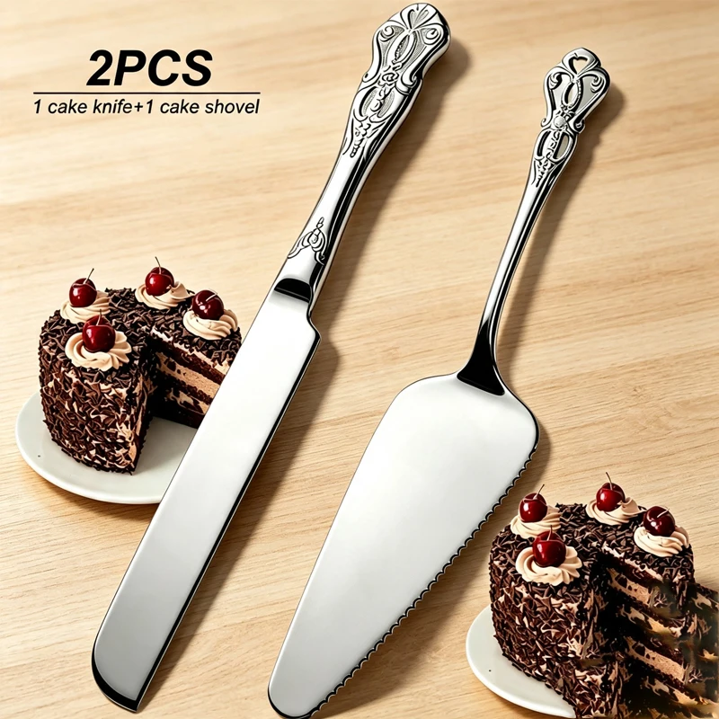 2pcs royal hollowed-out carved cake shovel & bread knife set, luxury dessert tableware for family baking at wedding banquet.