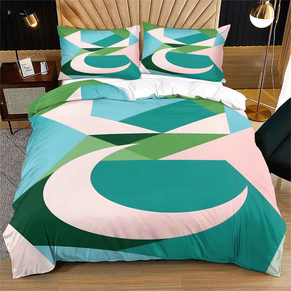 Modern Abstract Geometric Duvet Cover Set Pink Teal Green Curve Triangle Minimalist Bedding Set Twin / Full / Queen / King Size