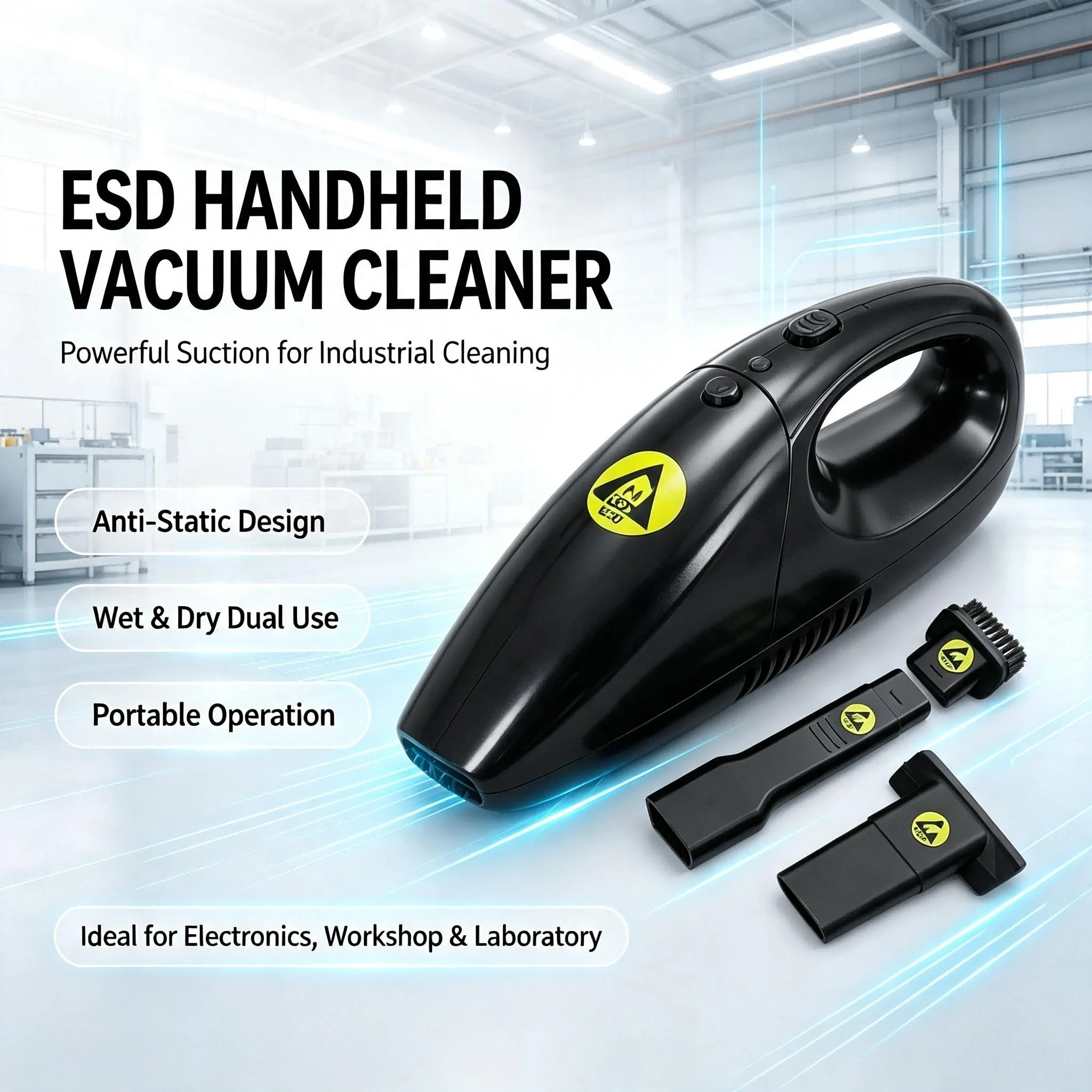 Professional ESD Handheld Vacuum Cleaner 4600Pa 4.8V up to 36W for Electronics Workbench and Cleanroom Use