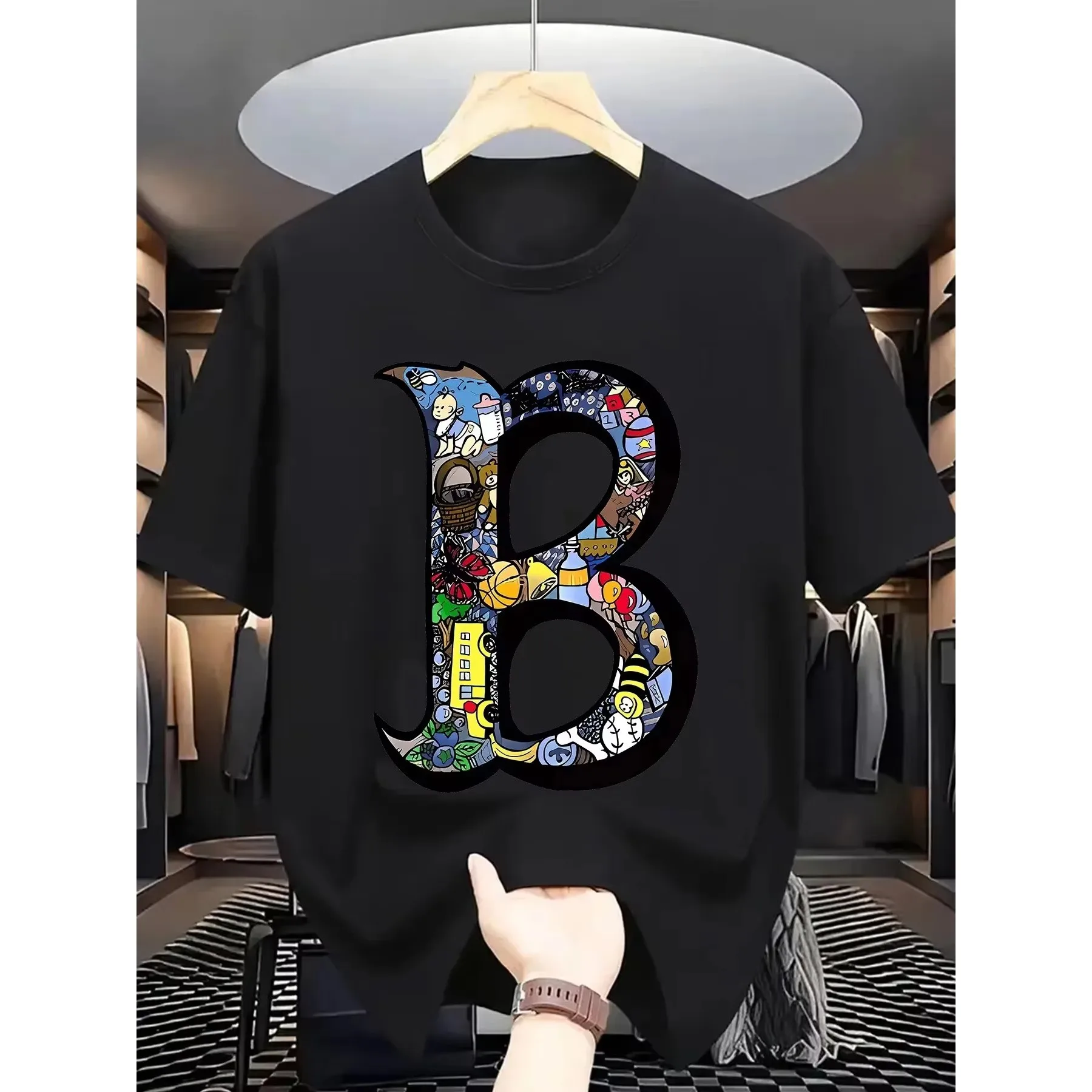 Creative Letter B Graphic Print Men's Cotton Round Neck Short Sleeve T-Shirt Loose Casual