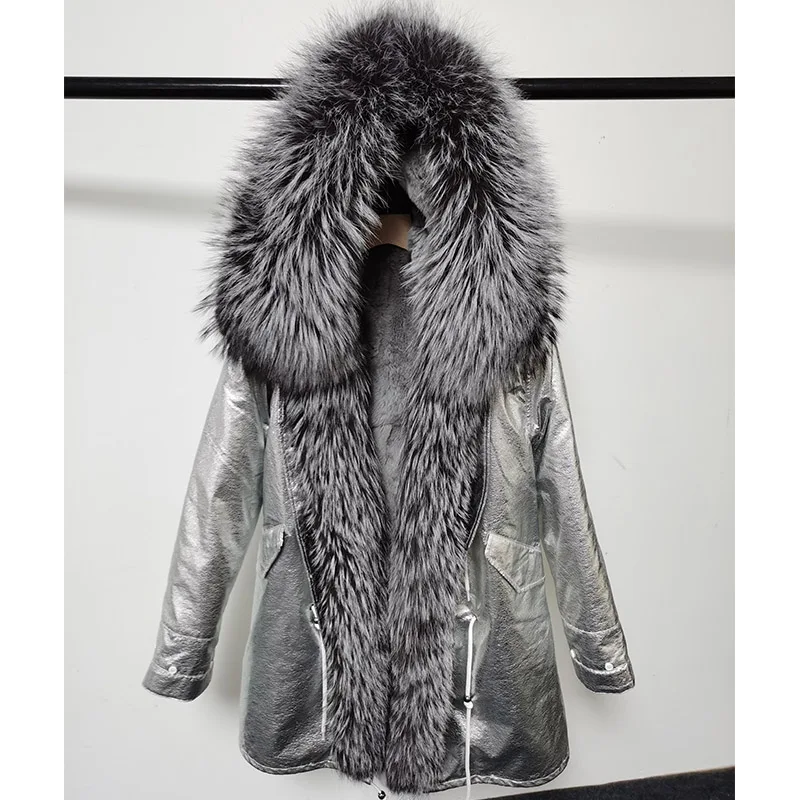 

Maomaokong 2023 Winter luxury Real Fur Coat With Raccoon Collar Women's Jacket Long Natural Rabbit Fur Lining Inner Fur Parkas