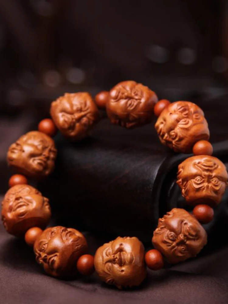 Chinese Peach Wood Carved Four Sided Buddha Buddha Head Statue Hand Strings Exquisite Buddhism Bracelet Gift