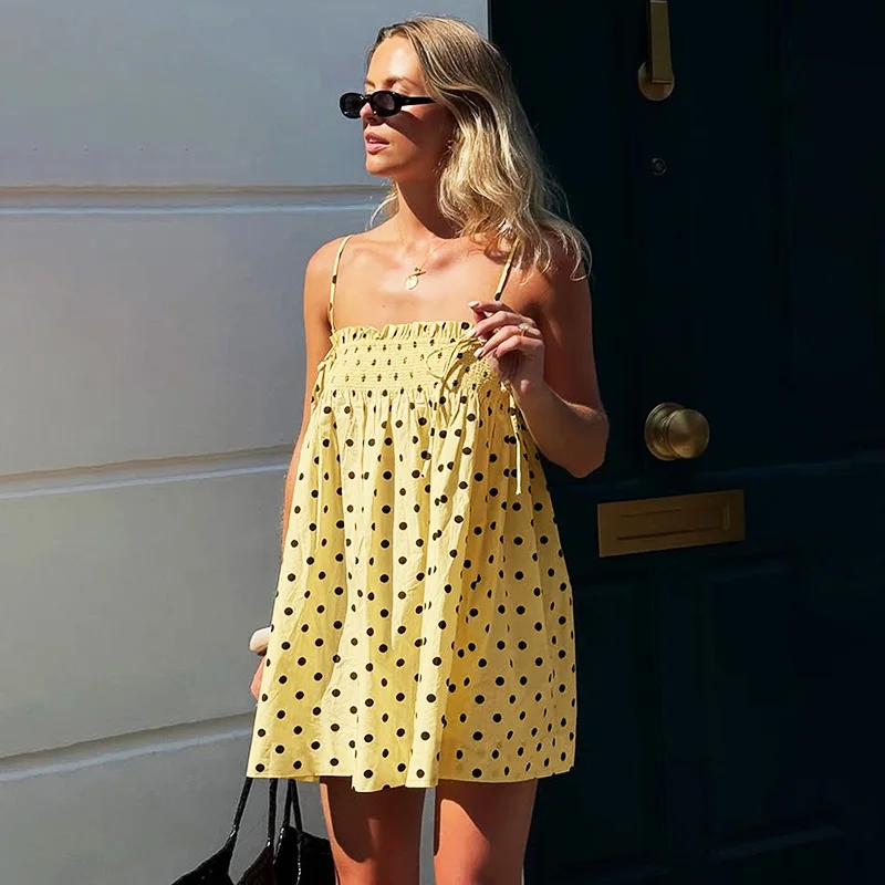 

Ticketsx Fashion Yellow Mini Sling Dress Autumn Women Loose Polka Dot Lace Up Sleeveless Vestidos Lady Beach Vacation Mini Dress