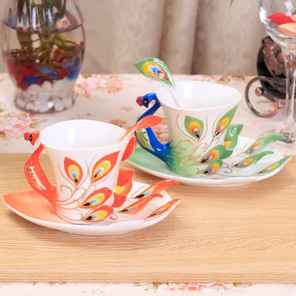 200ml Creative Peacock Enamel Porcelain Coffee Set Ceramic Milk Tea Cups and Saucers with Spoons Porcelain Bone Drinking Gifts.