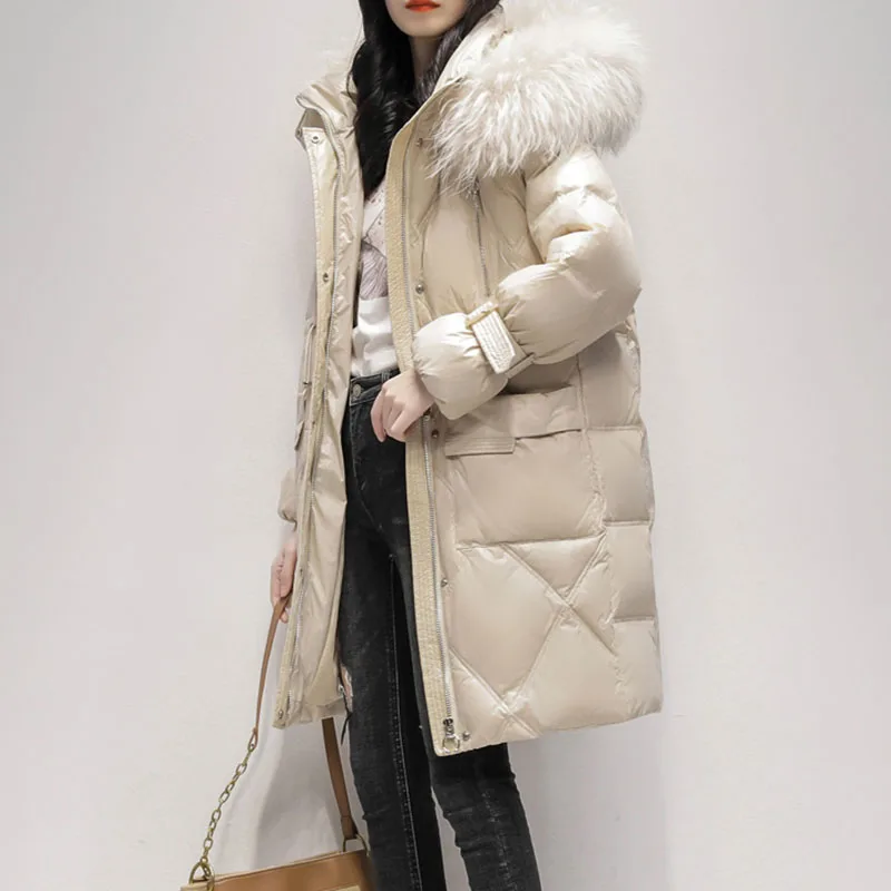 New Women Long Down Jacket Winter Snow Outerwear Female Korean Bright Face 90% White Duck Down Coat Thick Hooded Parker Overcoat