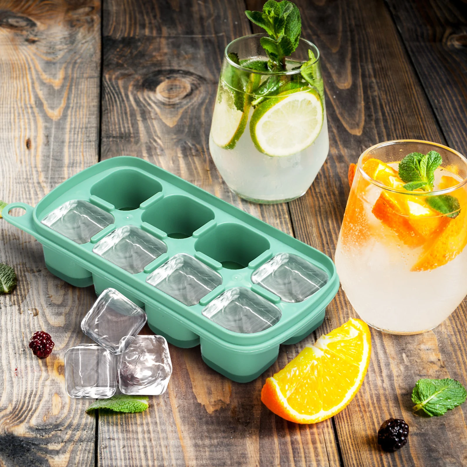 

8 Cavities Silicone Ice Tray Green Color Flexible Containers Freezer Food Block Maker Covered Lid Safe Healthy Easy Clean