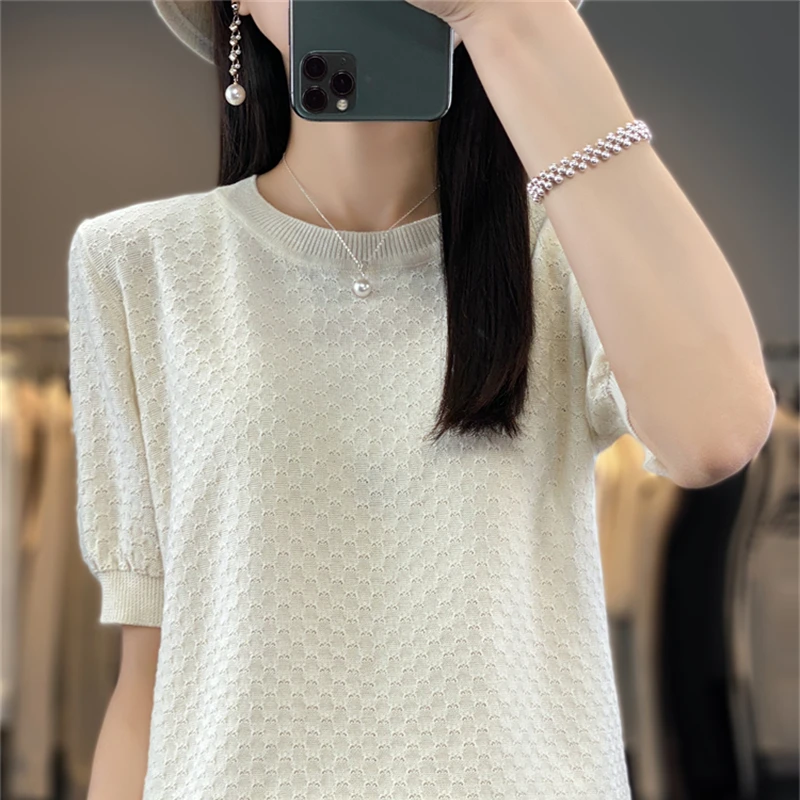 Women\'s T-shirt Summer 100% Cotton Sweater Short Sleeve Solid Color Round Neck Ladies Tops Loose Blouse Basic Pullover Tees