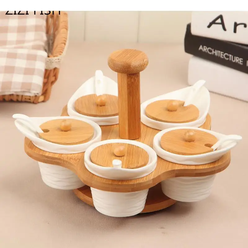 

6Pcs/Set Bamboo Wood Chinese Ceramics Condiment Spice Jars Set Salt Pepper Shakers Seasoning Sprays Cooking Kitchen