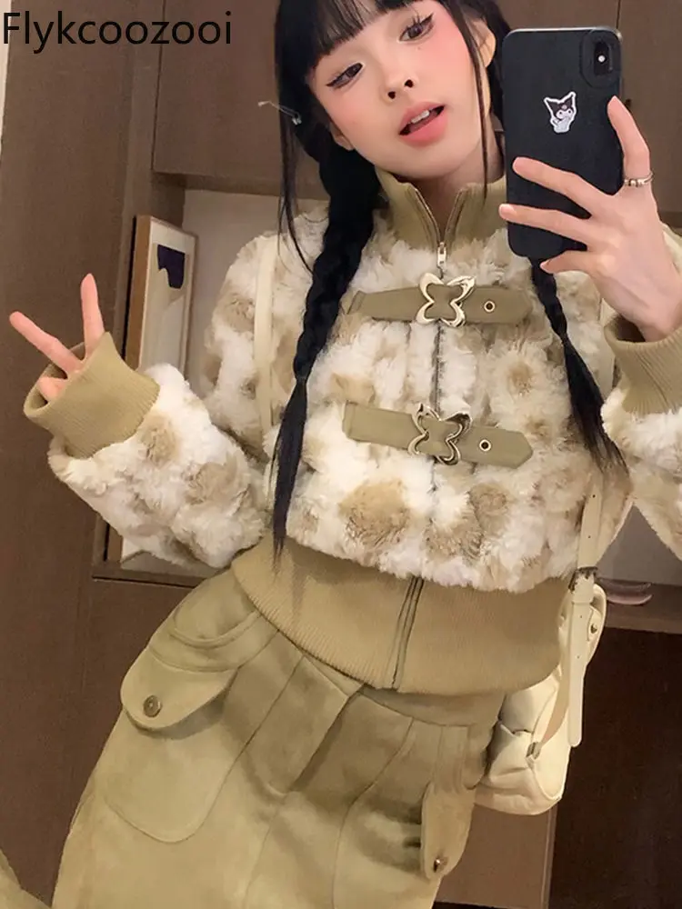 Autunno e inverno a vita alta in peluche con fibbia in pelle cappotto Set manica lunga camicetta gonna in due pezzi Conjuntos De Mujer