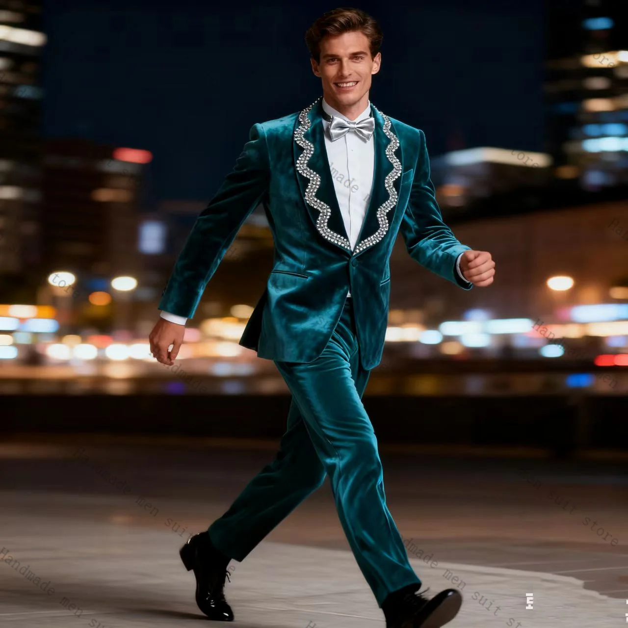 

Autumn Velvet Men Suit Set 2 Piece Crystals Blazer+Pants Prom Wedding Tuxedos Coat Customized Formal Office Fashion Jacket