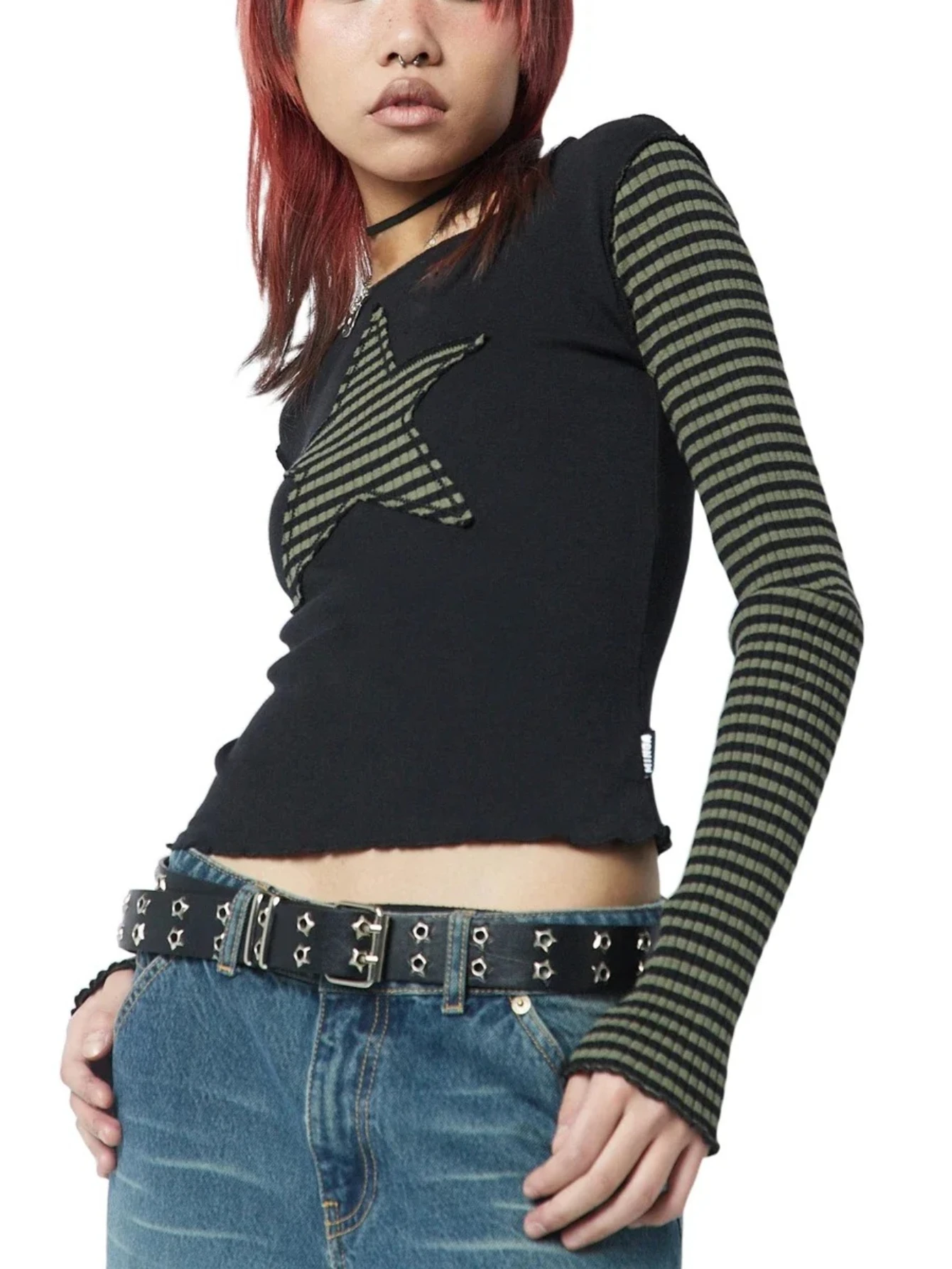 

Женская повседневная рубашка со звездами, топы с длинным рукавом и круглым вырезом в полоску со звездами, винтажные эстетические тонкие топы, модная уличная одежда в стиле гранж