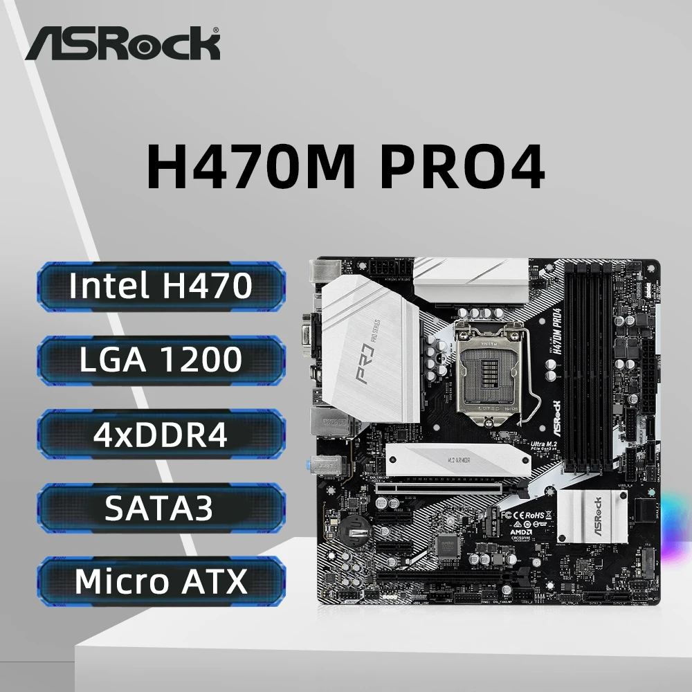 ASRock H470M PRO4 Motherboard LGA1200 Support i9-10900KF i7-10700F i5-10600K i5-10400 CPU DDR4 2933MHz NVME M.2 Micro ATX