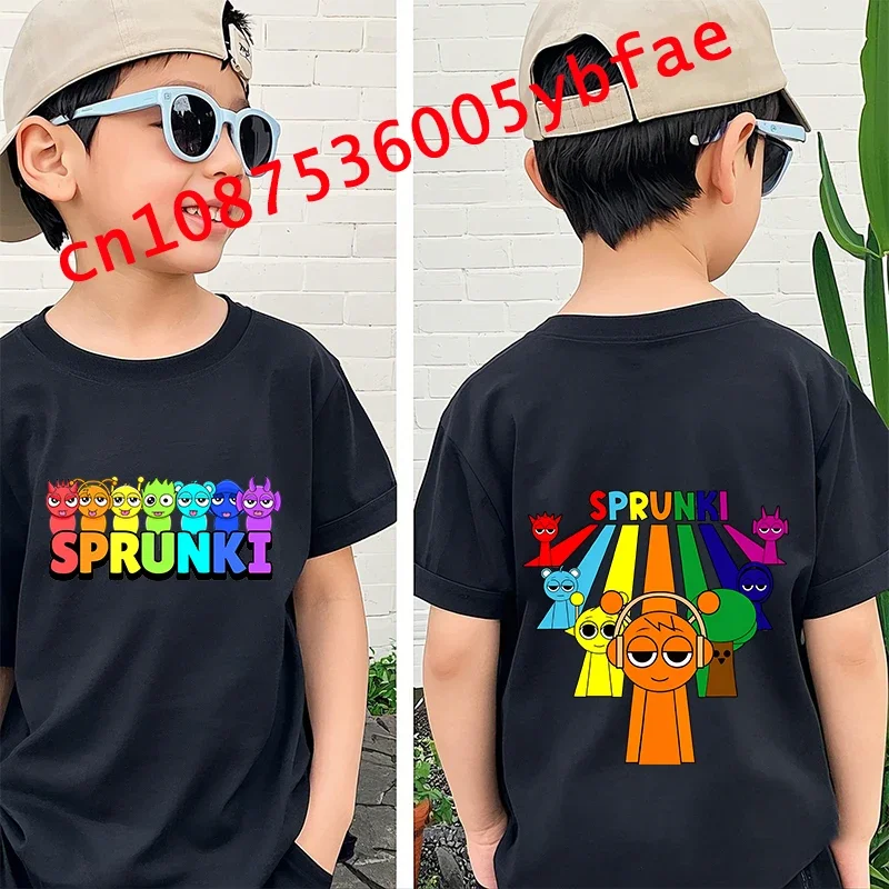 2025 Sprunki zwarte cartoon top met pure mouwen voor jongens en meisjes Leuke karakters bedrukte kinderkleding kinder T-shirt kort-