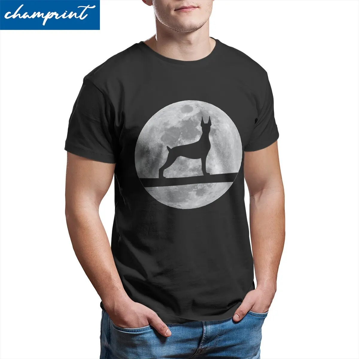 Men's T-Shirt Doberman Dog Night Moon Vintage 100% Cotton Tees Short Sleeve Doberman Lover T Shirt O Neck Tops Gift Idea