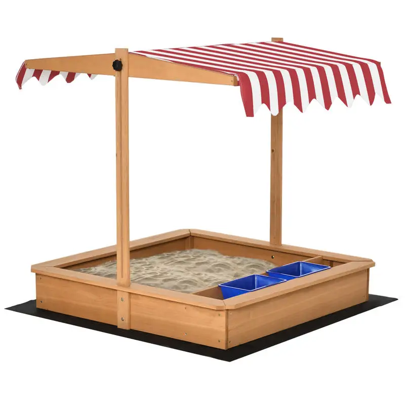 

Sand Pit Wooden Sandbox with Cover Sandpit Play Station Height Adjustable with Canopy, Bottom Liner, Plastic Basins