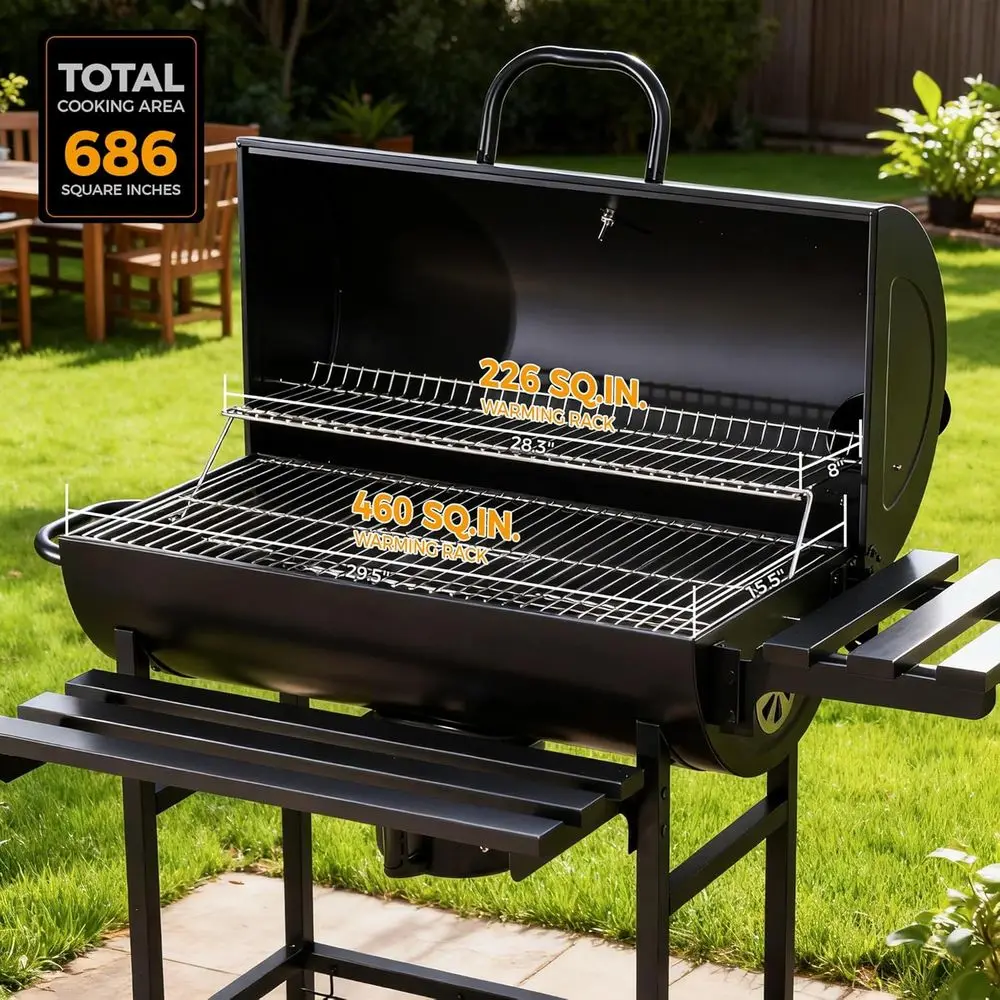 Adjustable Vent BBQ Grill with Removable Front Shelf, 686 Sq.in. Cooking Area, Thermometer for Outdoor Cooking