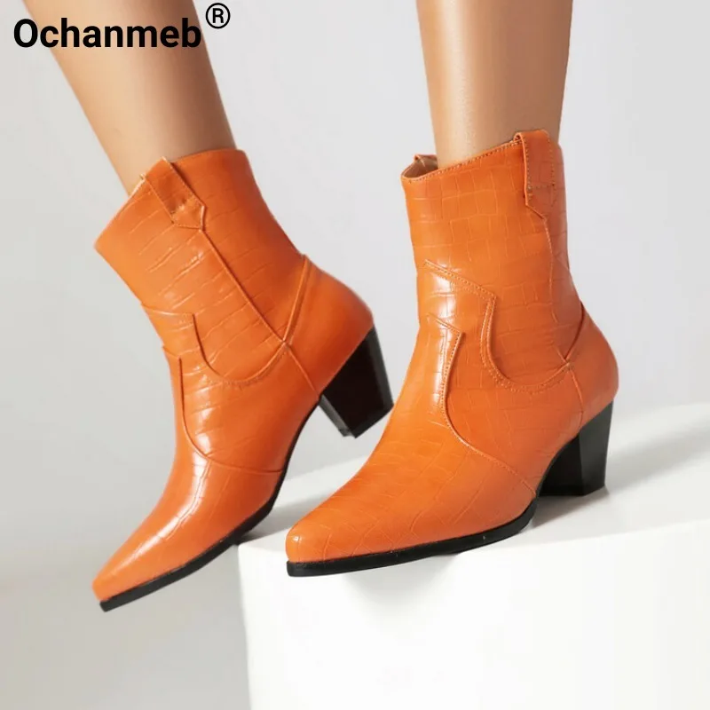 Ochanmeb 35-43 botas de vaquero para mujer tacones gruesos patrón de cocodrilo botas de vaquera occidental de cuero PU Otoño Invierno zapatos negros para mujer
