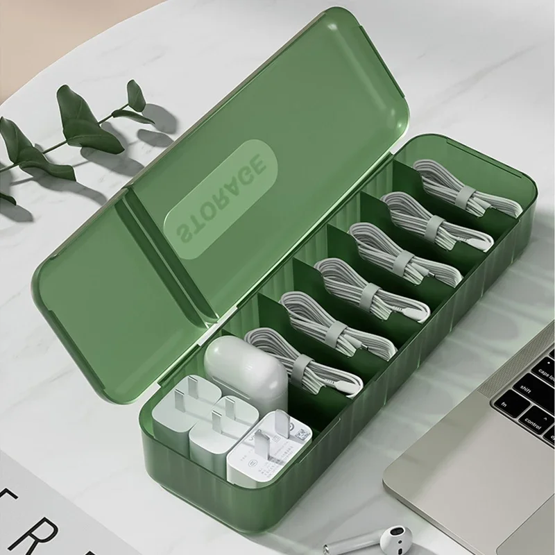 صندوق تخزين الكابلات، صندوق تخزين سلك الشاحن مع 7 مقصورات، حقيبة تخزين كابل بيانات قابلة لإعادة الاستخدام للمنزل أو السفر #1