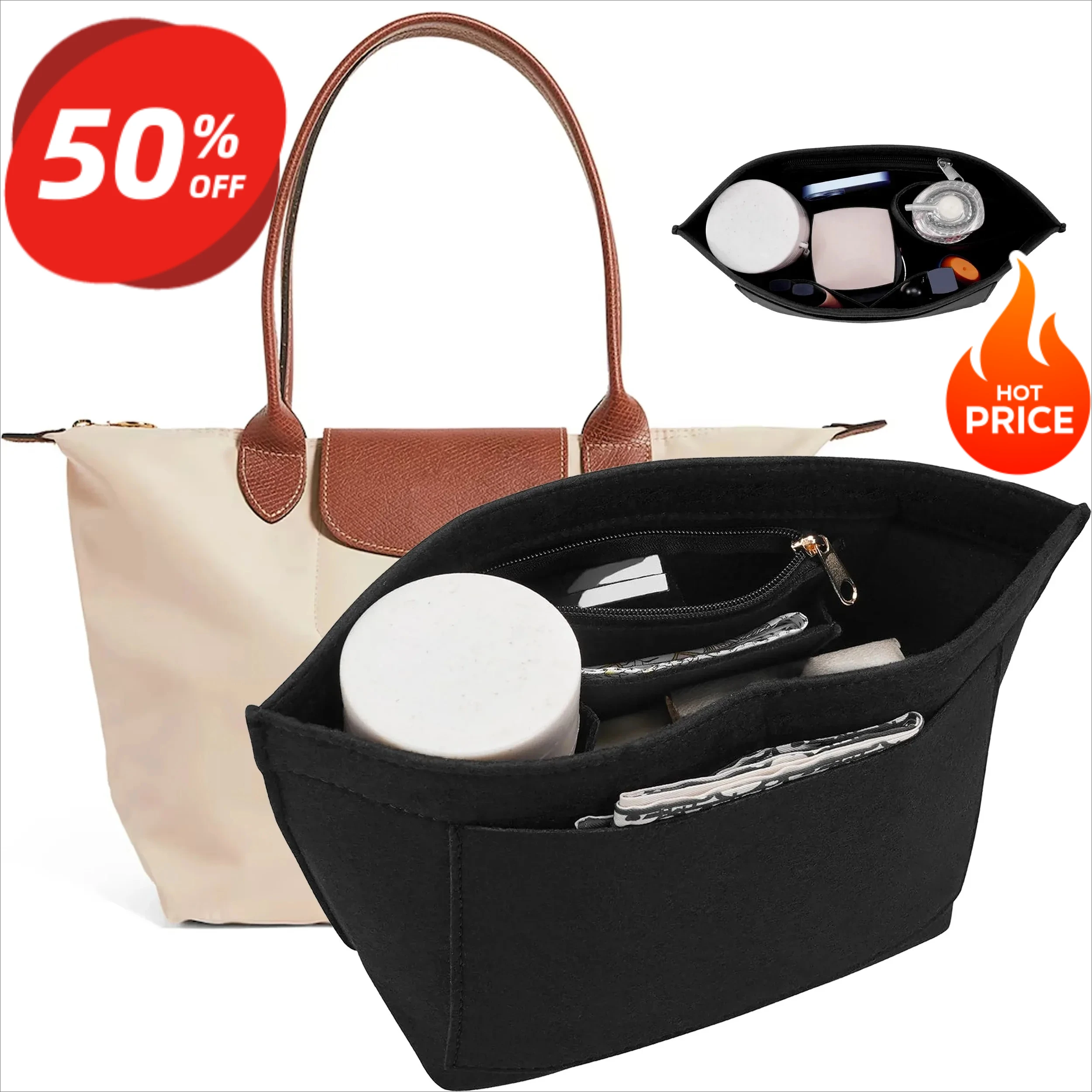 Inserto organizer in feltro di lusso per Longchamp Pliage Multi scomparti Fodera per borsa Tasche con cerniera Calza perfetta per gli amanti del Natale