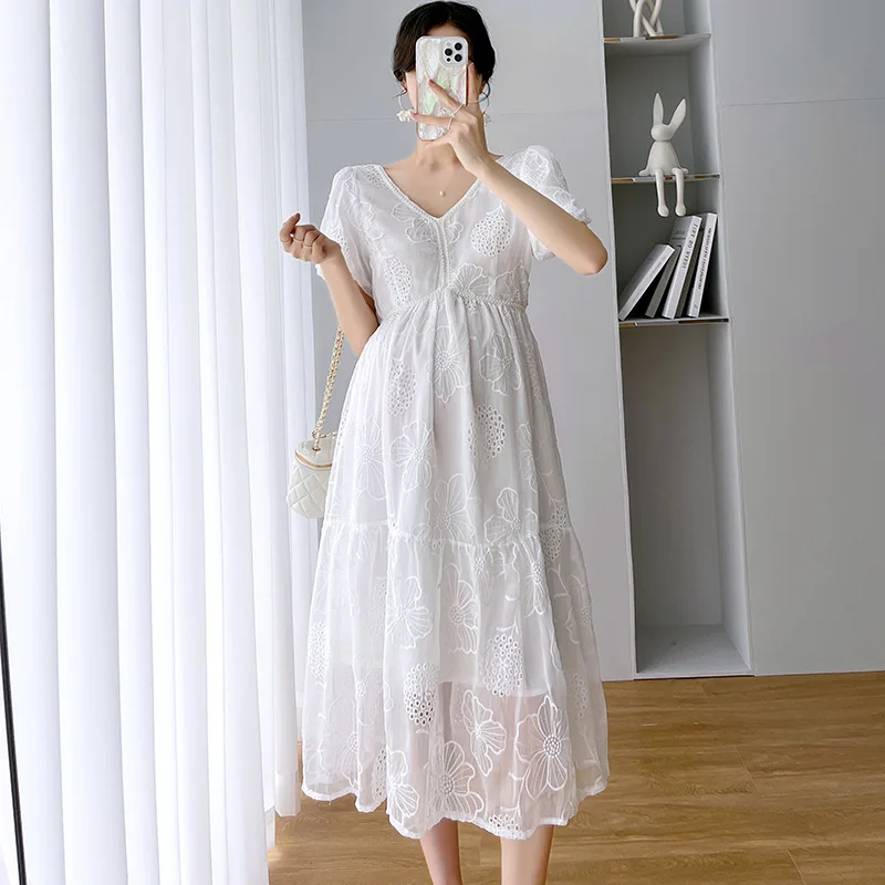 Korean Style Maternity Dress 2022 New Dress Temperament Fashion Lace Long Skirt Pregnant Mother High Waist Hollow Summer Skirt