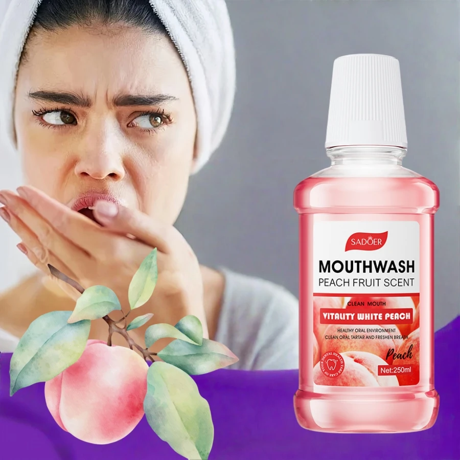 

250 мл жидкость для полоскания рта со вкусом персика, богатый в ментоле и экстрактом персика, с ароматом сладкого персика, уникальный и приятный вкус, свежее дыхание, стойкий аромат, без мертвых кончиков, около освежения и удобного глубокого очищения, пом