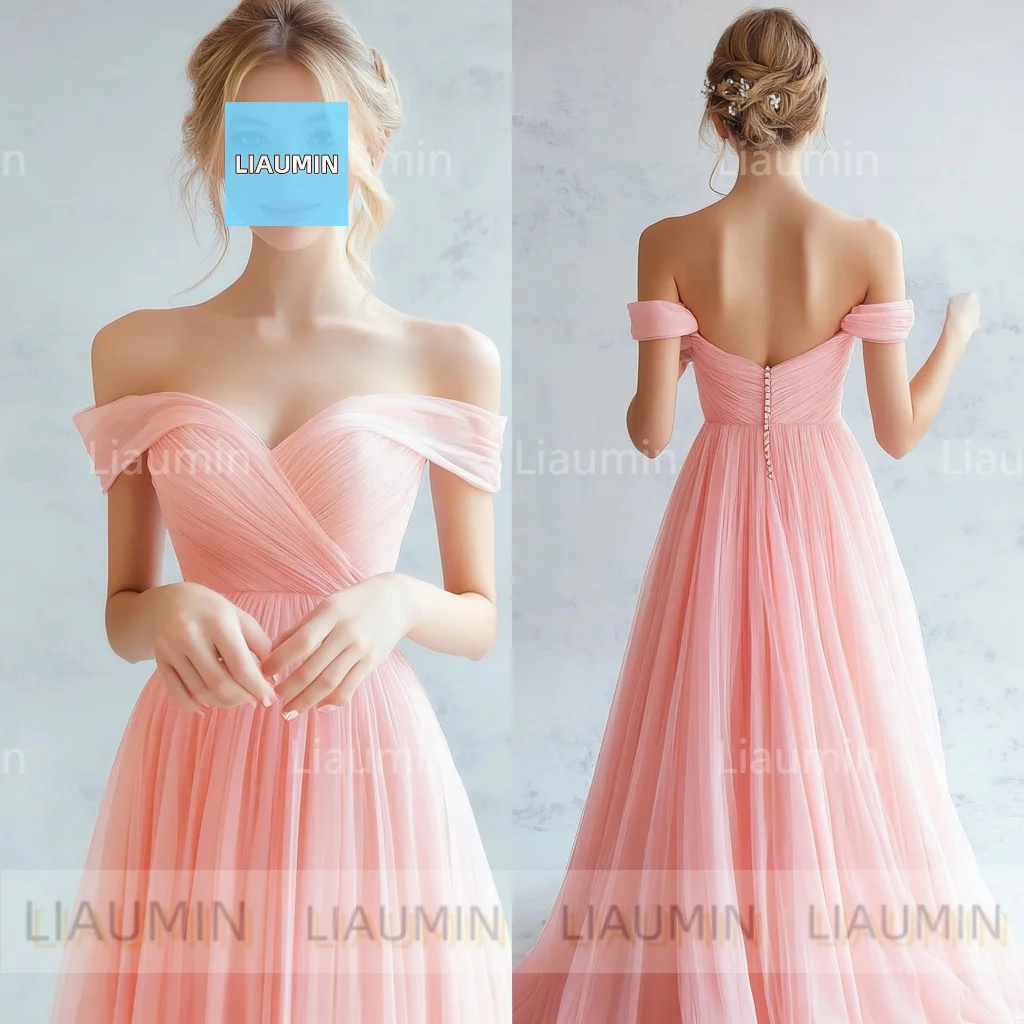 

Classic A Line Pink Chiffon Off Shoulder Lace-up Back Prom Formal Wedding Dresses Evening Bridesmaid Clothing Custom Made C-2