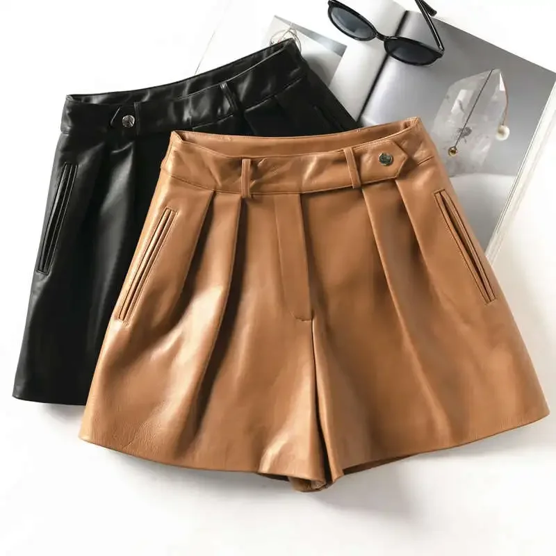 Black Khaki Real Leather Shorts Women Pockets Wide Leg All-Match Spring Fashion Female Sheepskin High Waist Shorts Women C8100