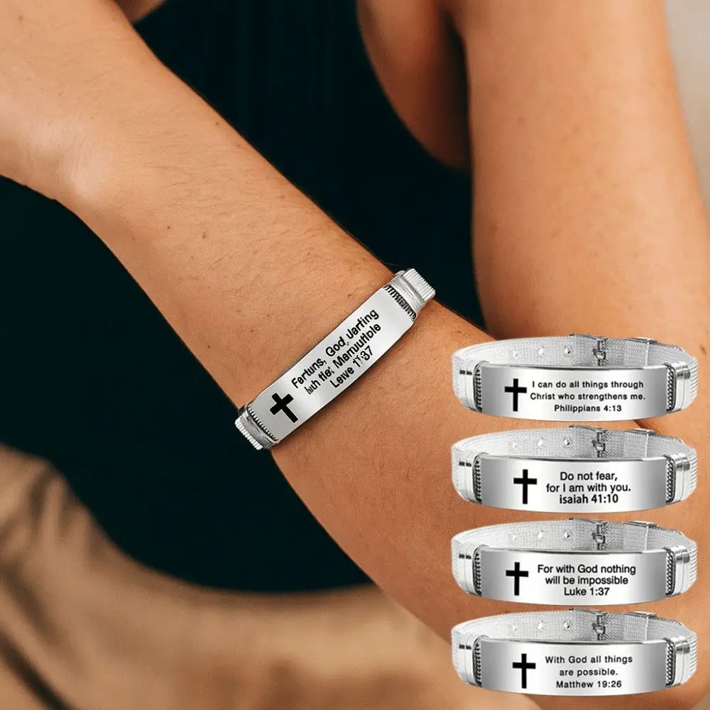 Stainless Steel/PVC Inspirational Quotes Braclets Adjustable Silver Family Friendship Bracelet Bible Verse Cross Braclets