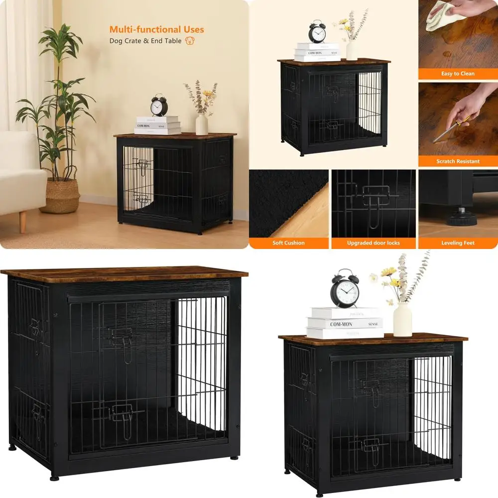 

Деревянный вольер для собак с подушкой, двустворчатый, в виде стола, для использования в помещении, размеры S/M/L, длина 27,2 дюйма, черный и рустик-коричневый