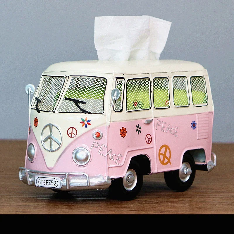 Bus Tissue Box Model Figurines Retro Car Tissue Dustproof Tissue Storage Box For Office Home Decoration Paper For Storage