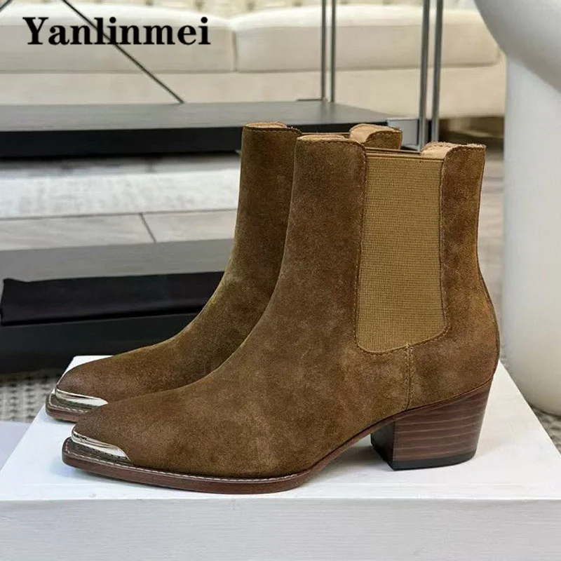 Luxury Suede Leather Western Cowboy Boots Woman Metal Pointed Toe Slip-On Chelsea Shoes Women Square Heels Ankle Boots For Women