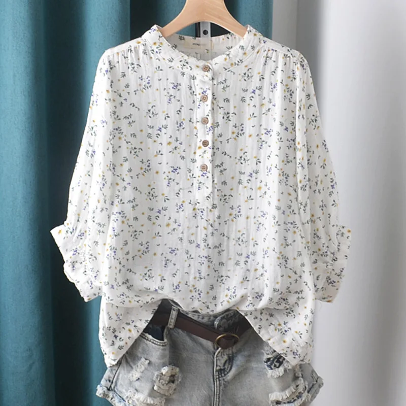 New Spring Cotton Yarn Versatile Shirt Women Stand Collar Tops Girl Short Sleeve Printed Literature Blouse 2024 Autumn T43501QC