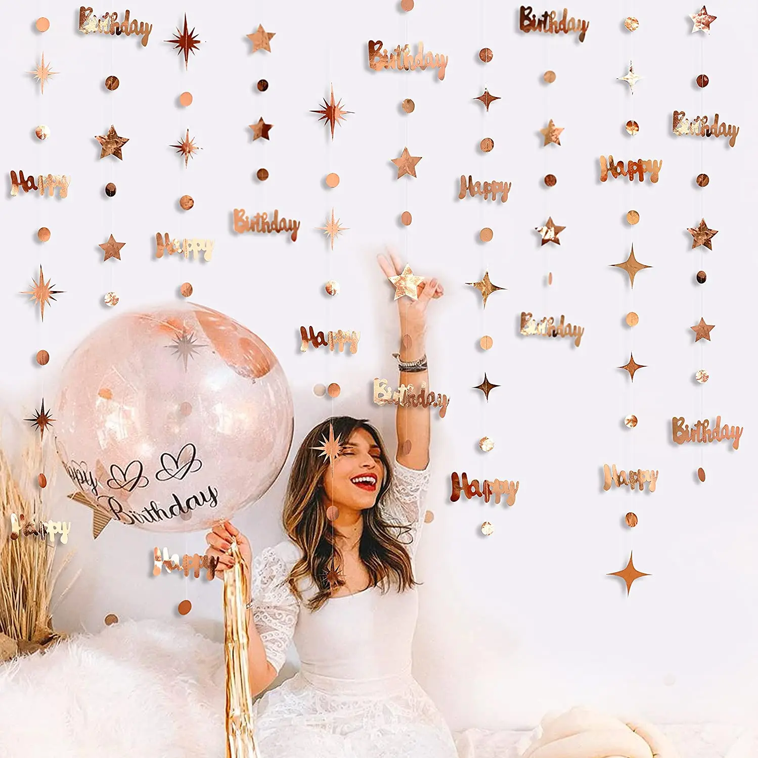 Rose Gold 20th Birthday Party Decoration Girls Happy Birthday 20 Year Old Circle Dot Twinkle Star Garland Paper Hanging Streamer