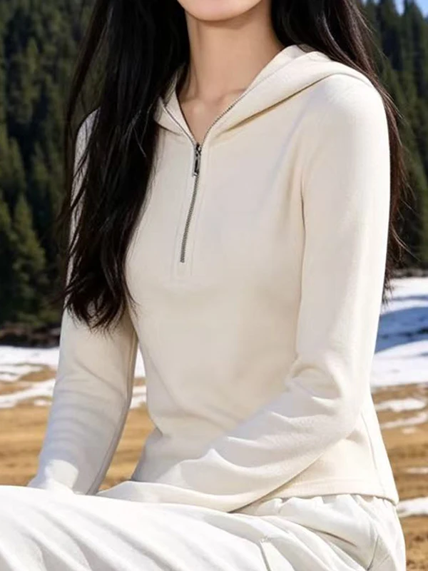 Slim Fit Hooded Zipper Fleece Long Sleeve Women's T-Shirt Base Layer Short Style Warm Top Korean Style Standard Edition