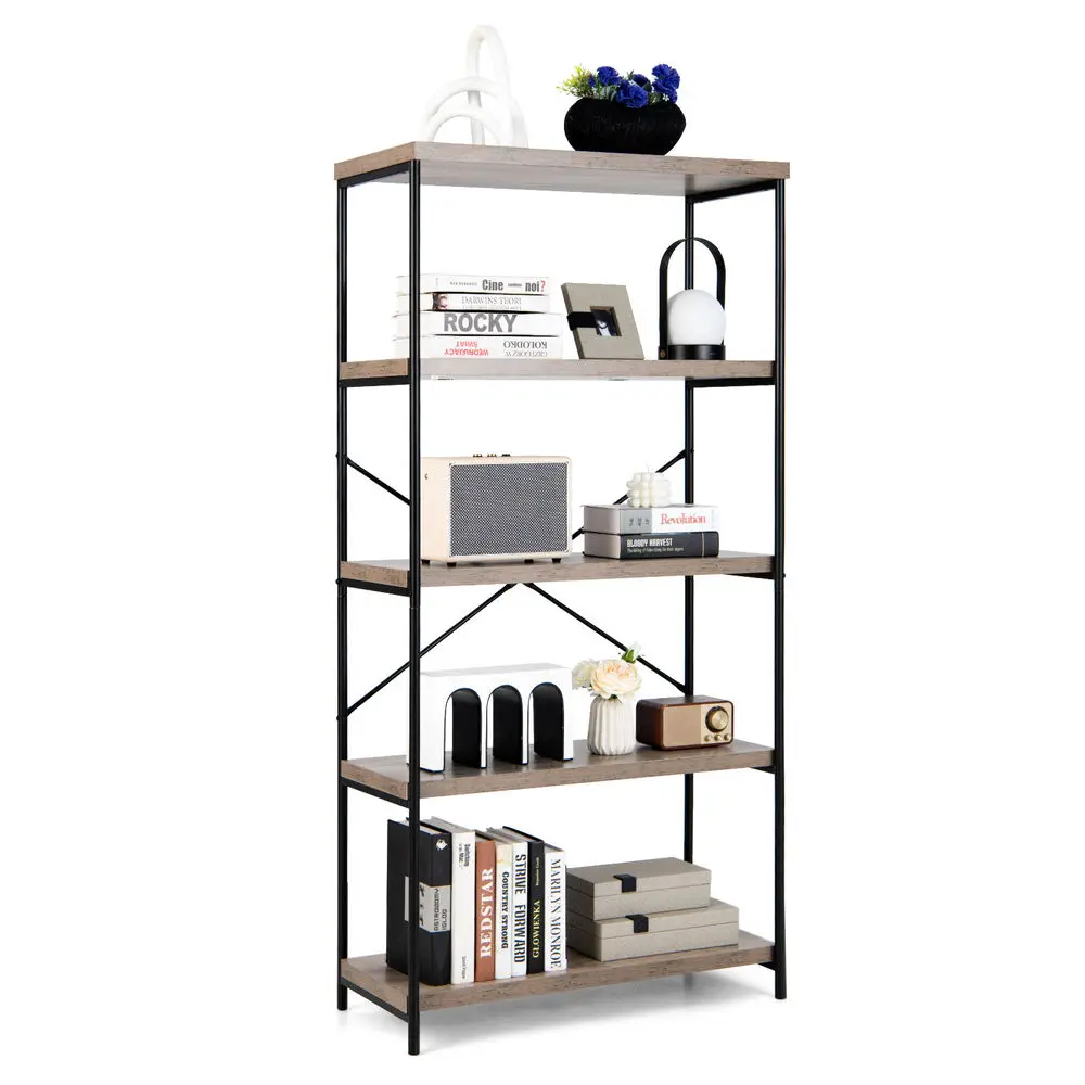 Costway 5-Tier Rustic Industrial Bookshelf Wood Display Storage Rack w/Metal Frame Grey