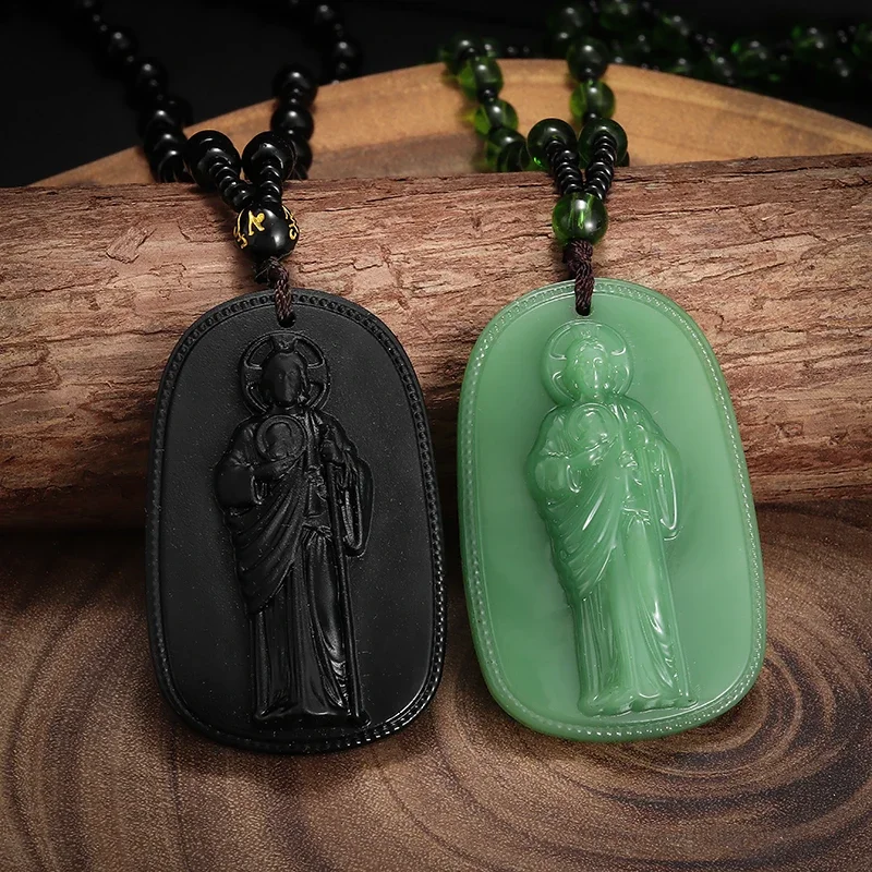 Classic Jadeite Catholic San Benito Statue Pendant Necklace for Men Women St. Benedict Prayer Exorcism Amulet Jewelry