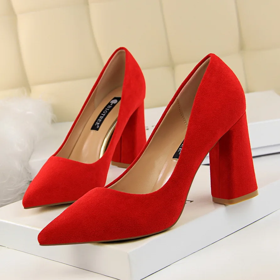 BIGTREE Thick Heel Woman Pumps Suede Women Heels Office Shoes Pointed Toe High Heels Wedding Female Heel Shoes