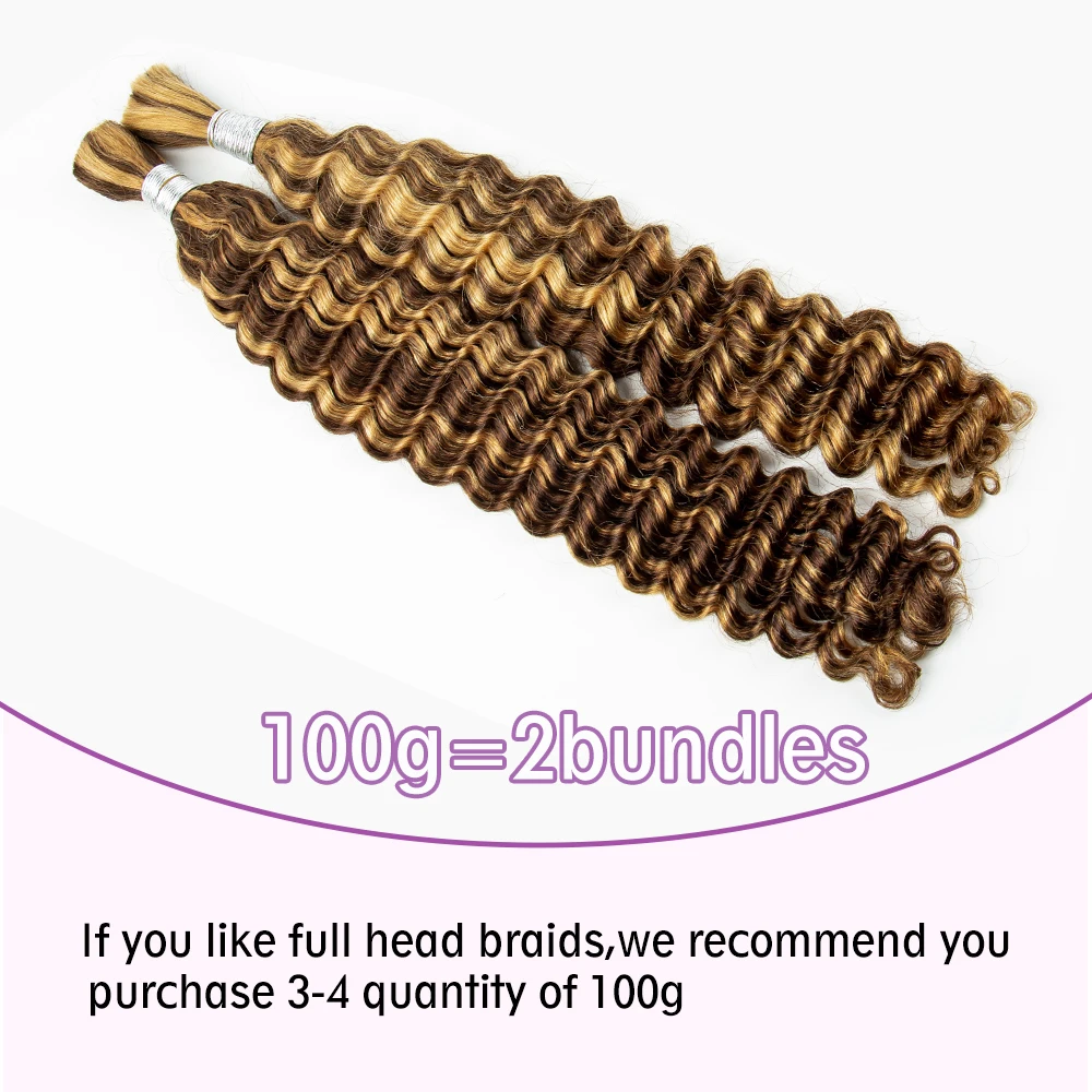 Deep Wave Bulk Human Hair for Boho Braids No Weft 100% 4/27 Highligt Virgin Human Hair Bulk for Braiding Curly Extension Bundles