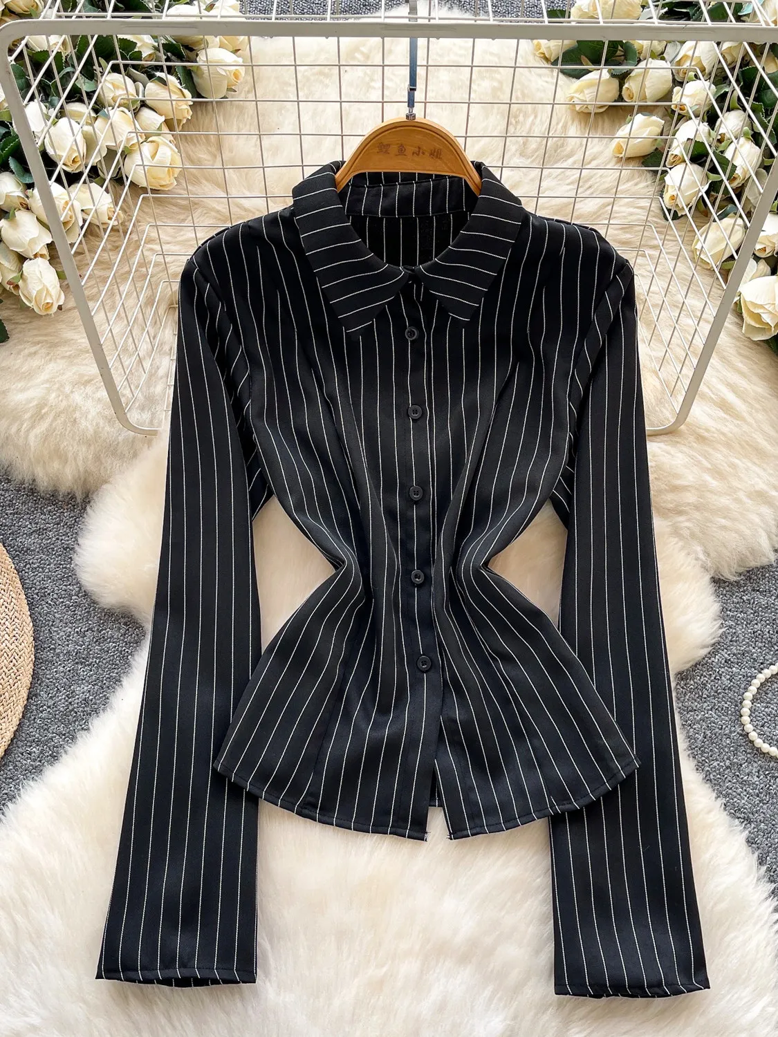 

Женская туника Foamlina в корейском стиле с длинным рукавом, отложным воротником, повседневная, элегантная, деловая, в вертикальную полоску, весна 2026