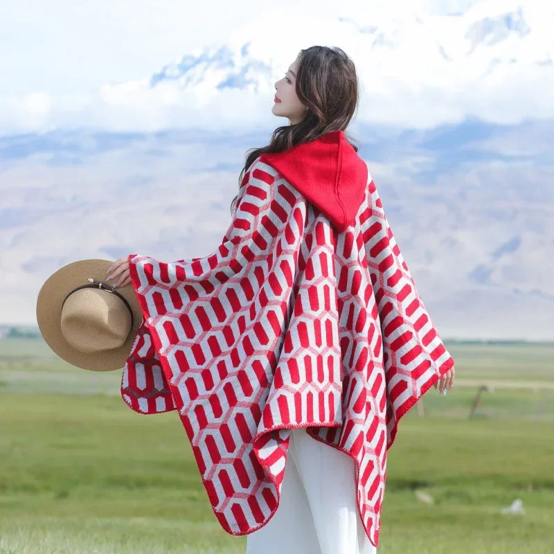 

Теплый вязаный шарф-накидка в женском стиле со шляпой для луг, пустыни, путешествий, фотографии, этническая ветровая верхняя одежда, модный аксессуар