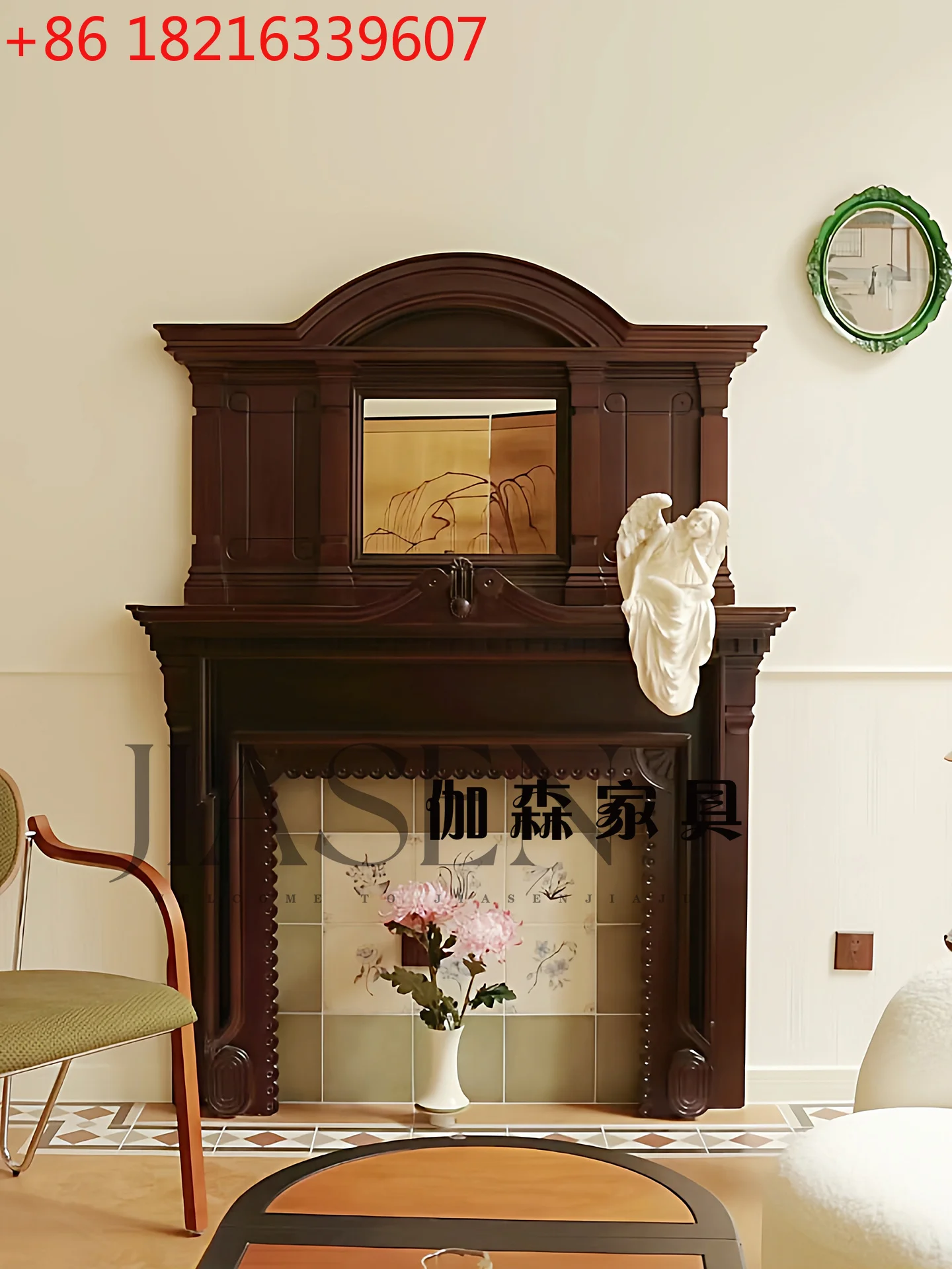 

Средневековая каминная шляпа из цельного дерева, французское ретро резное декоративное фоновое настенное ностальгическое классическое зеркало