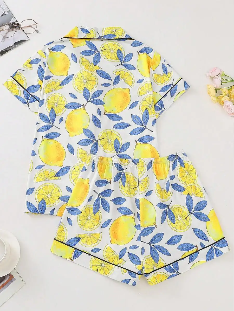 

Women Lemon Print Pajama Set Collared Short Sleeve Top And Loose Shorts Vacation Style Festive Sleepwear Loungewear