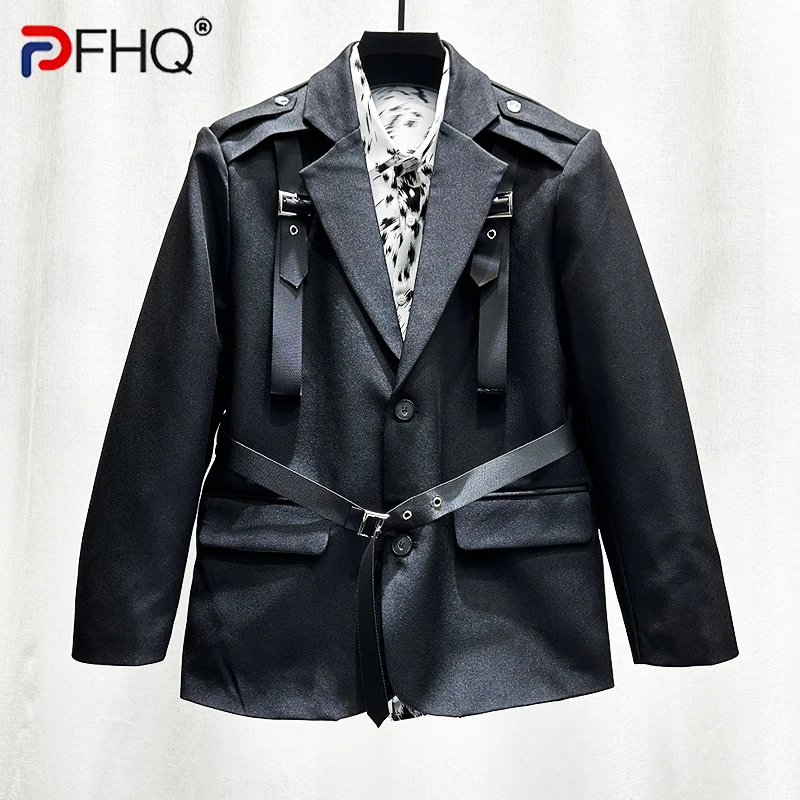 

PFHQ Men's New Niche Design Blazers Darkwear Strap Korean Version Handsome Motorcycle Suit Jackets Autumn Heavy Industry 21Z4180