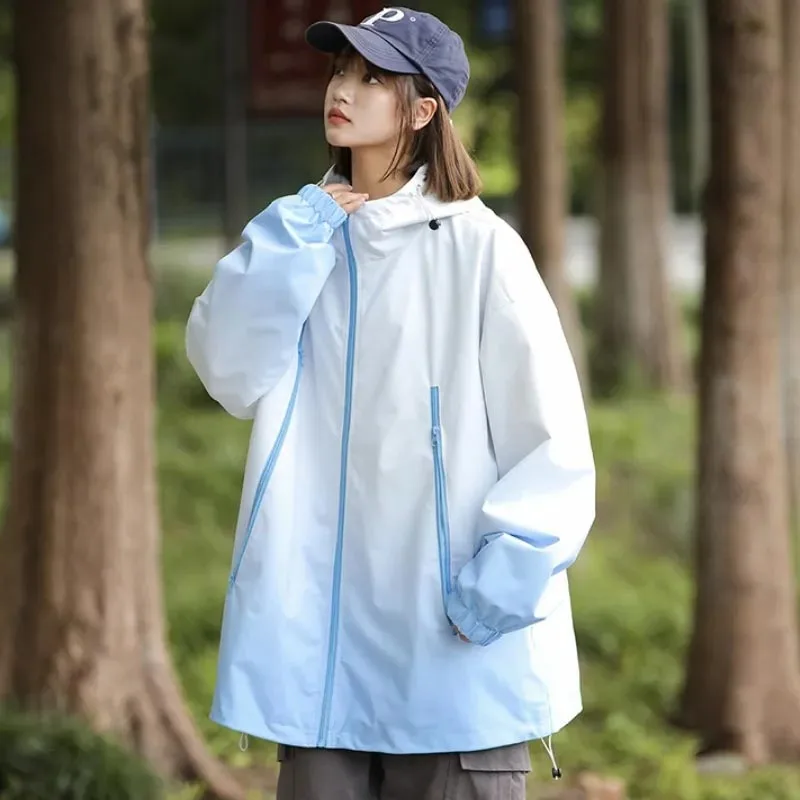 Outerdoor Hiking Cycling Windproof Waterproof Coat 2026 Autumn Gradient Hooded Jacket Women Fashion Oversized Skiing Outerwear